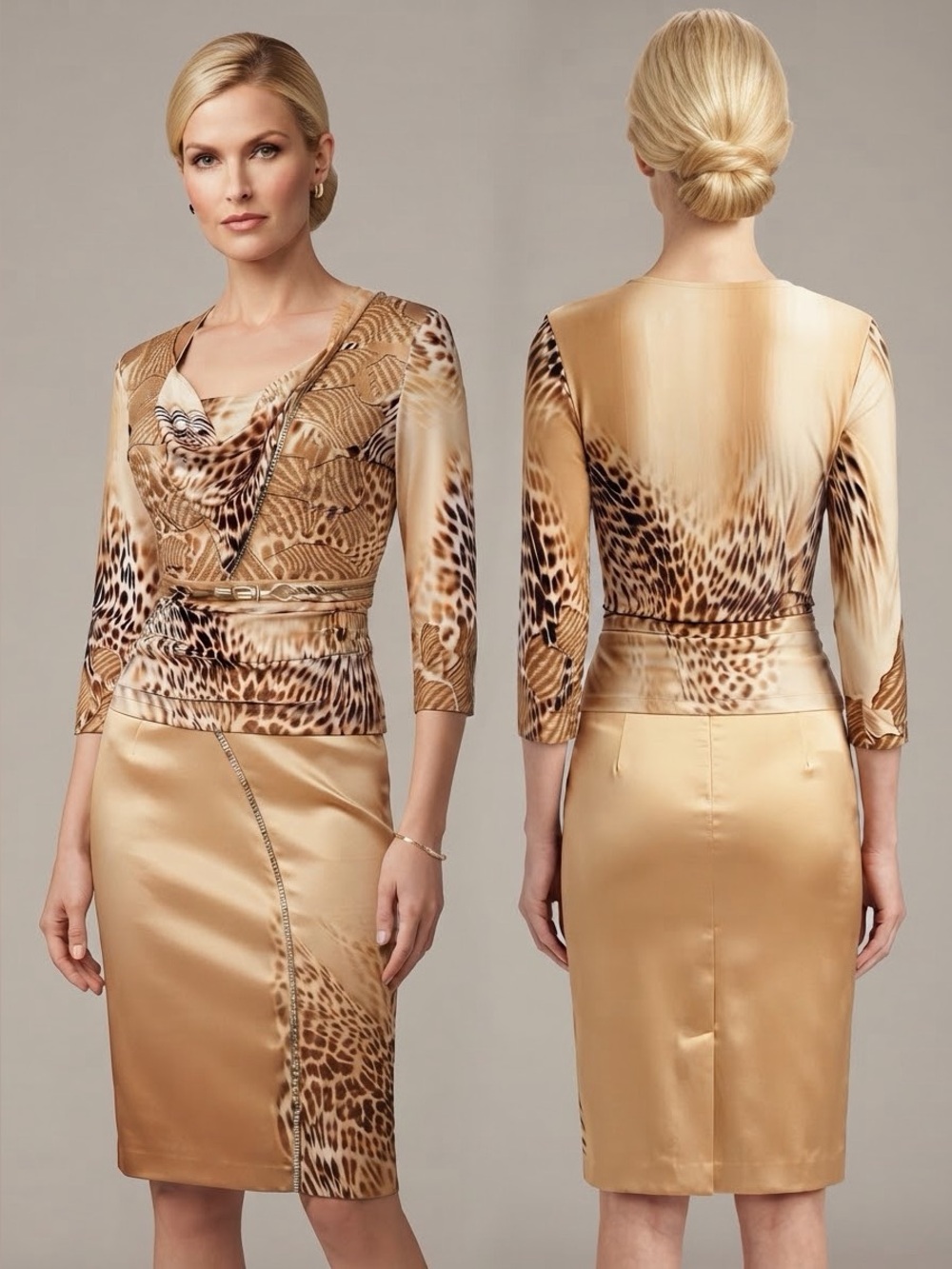 NEW POLEN POE SKIRT SET STRETCHY BLOUSE/SATIN PENCIL STYLE SKIRT 3/4 SLEEVES